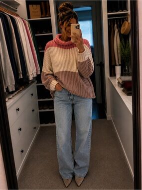 Cozy Colorblock Turtleneck Sweater - Pink, Cream & Brown